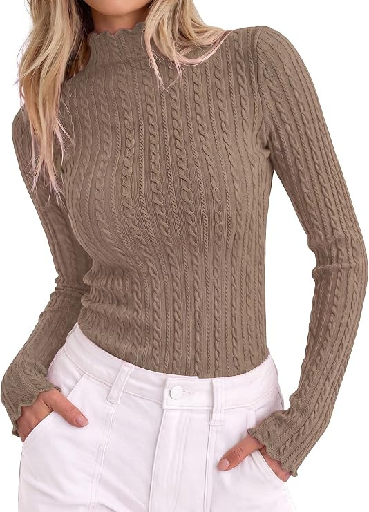 PRETTYGARDEN Women's Fall Long Sleeve Fitted Shirts | Comfy Stretchy Cable Knit, Trendy Lettuce T... | Amazon (US)