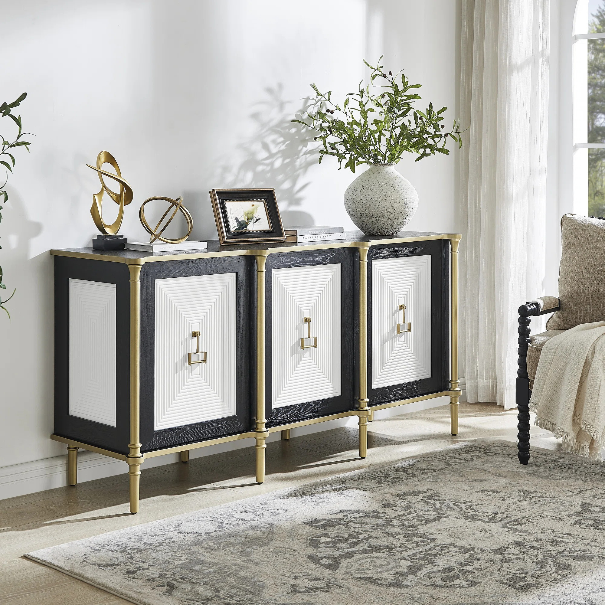 Black Textured Storage Cabinet with Gold Accents & White Finish | Wayfair North America