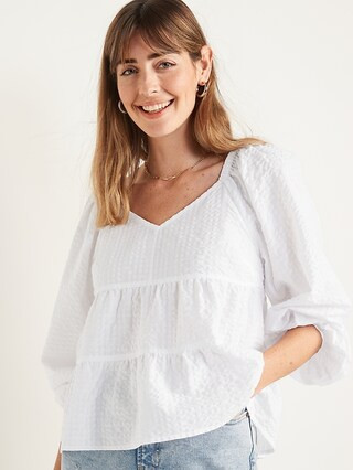 Tiered Seersucker Long-Sleeve Swing Top for Women | Old Navy (US)