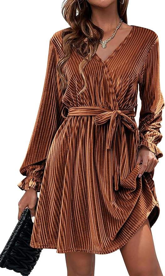 HOTOUCH Women's Velvet Dress Wrap V Neck Flared Dress Long Lantern Sleeve Dresses with Belt Cockt... | Amazon (US)