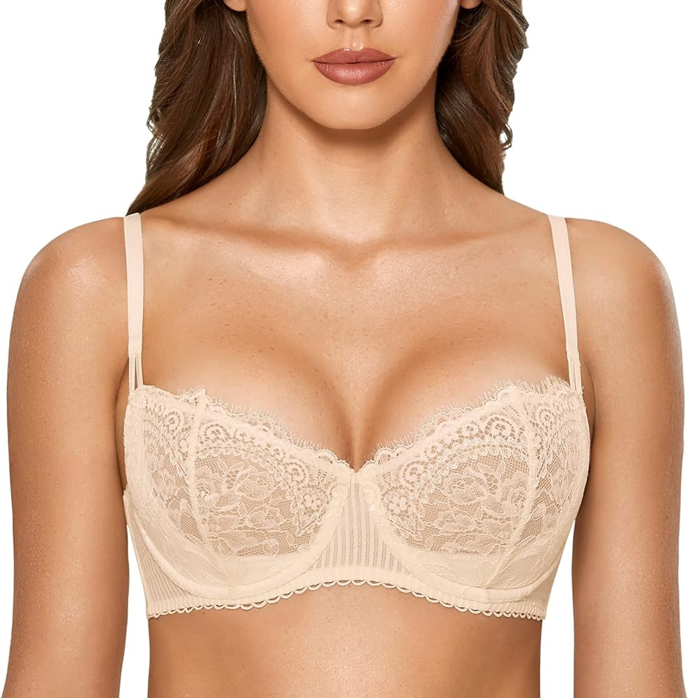 DOBREVA Women's Sexy Lace Push Up Plus Size Bra Sheer Balconette Underwire Unlined | Amazon (US)