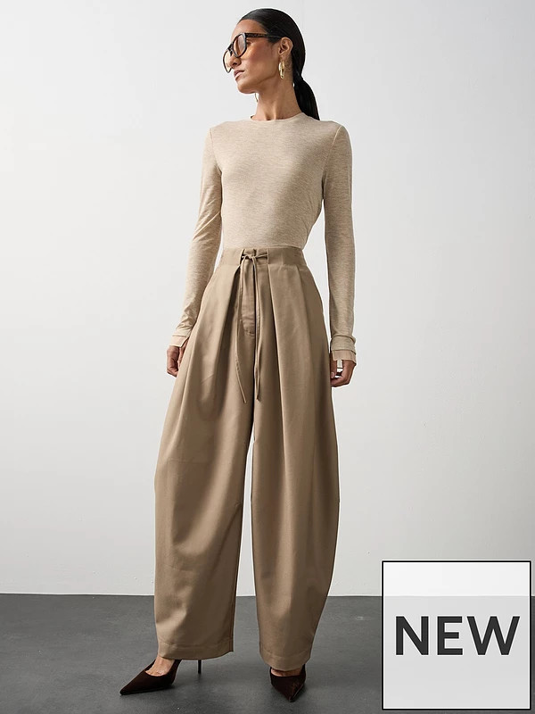 Michelle Keegan Tie Waist Relaxed Barrel Leg Trouser - Beige | Very (UK)