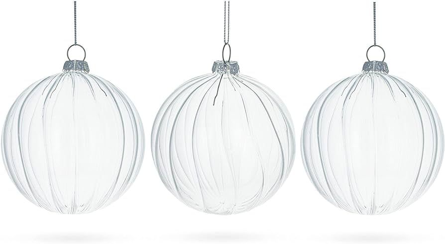 Elegant Set of 3 Striped Clear - Blown Glass Ball Christmas Ornaments 3.5 Inches | Amazon (US)