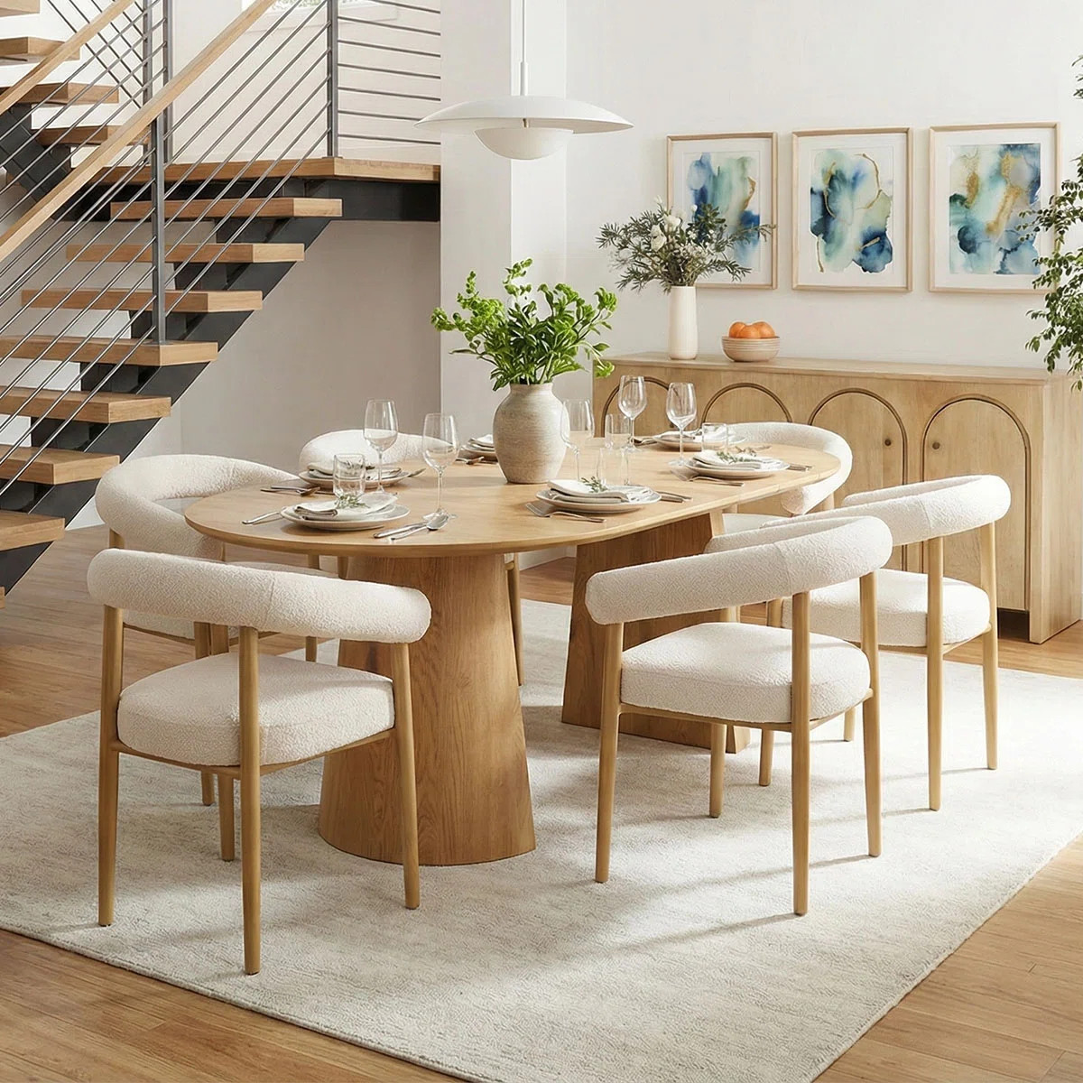Modern Extendable Oval Dining Table Set With Bouclé Upholstered Chairs, Seats 4–6 | Wayfair North America