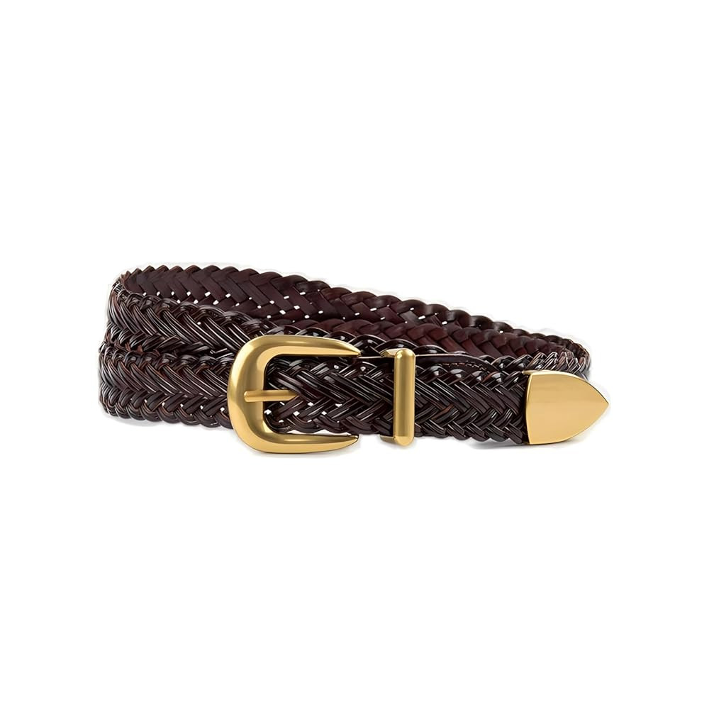Women's Braid Leather Belt,Skinny Woven Waist Belt with Gold Buckle,Dress and Jeans Belt | Amazon (US)