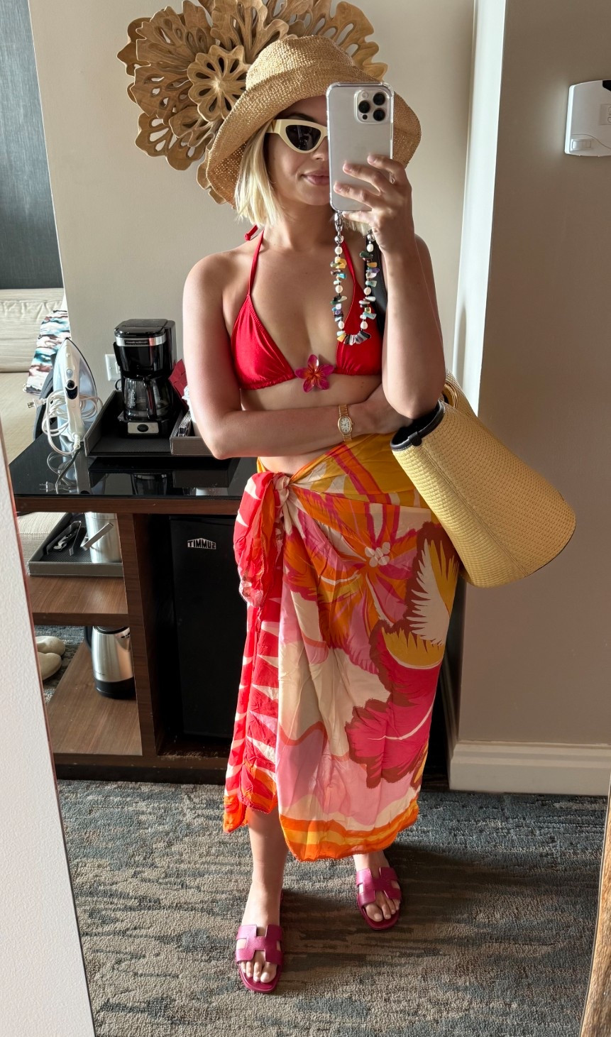 Hawaii Beach Fit: 
- Same bikini (runs super small, size up up, wearing L top and XL bottoms) 
- Revolve sarong 
- Hermes Sandals 
- Jacquemus Bag 
- Thrifted bucket hat 
- Bottega Sunnies 
- Ossa Phone Chain 

#LTKSeasonal #LTKTravel #LTKspringtrends