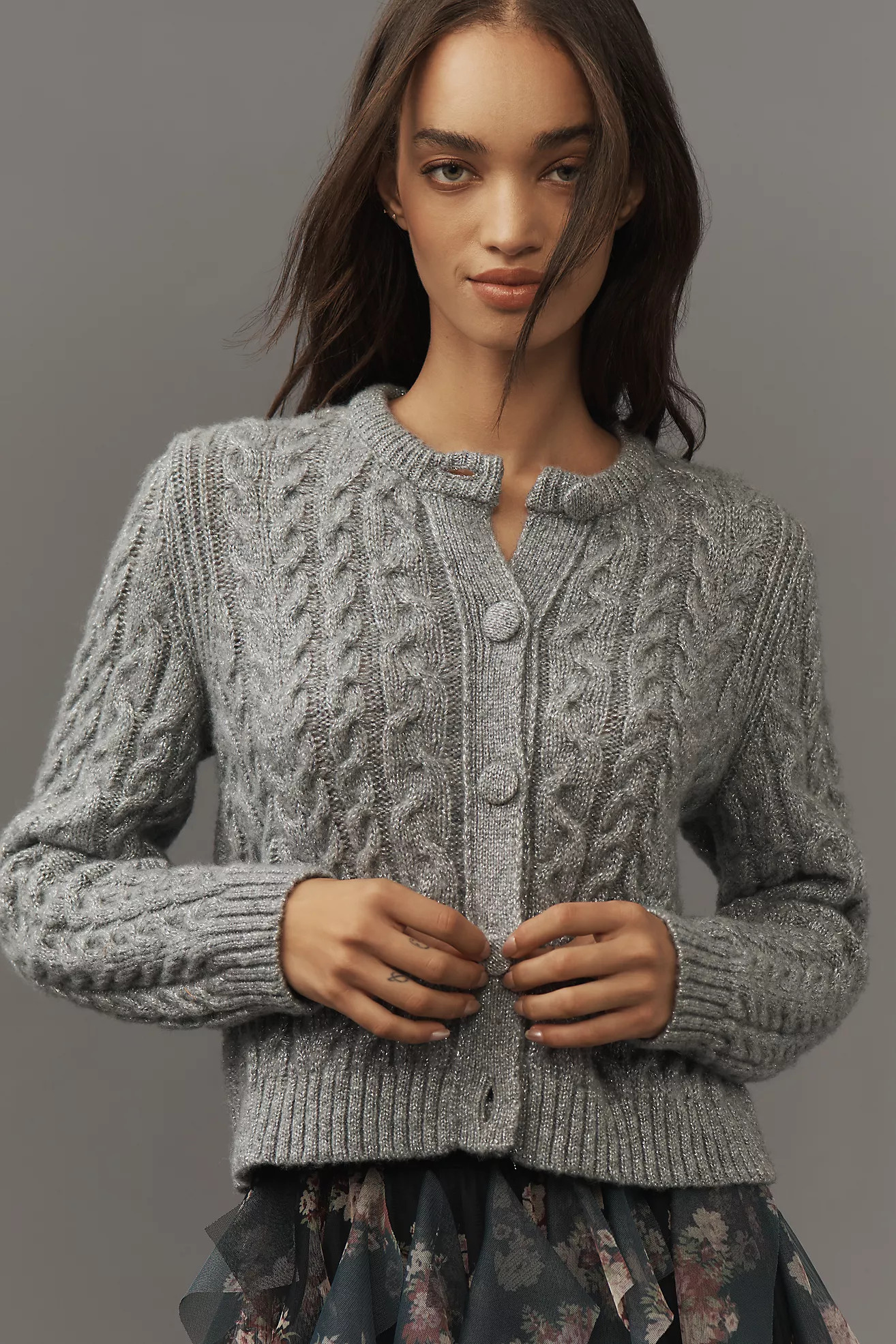 By Anthropologie Long-Sleeve Cable-Knit Crew-Neck Shine Cardigan Sweater | Anthropologie (US)