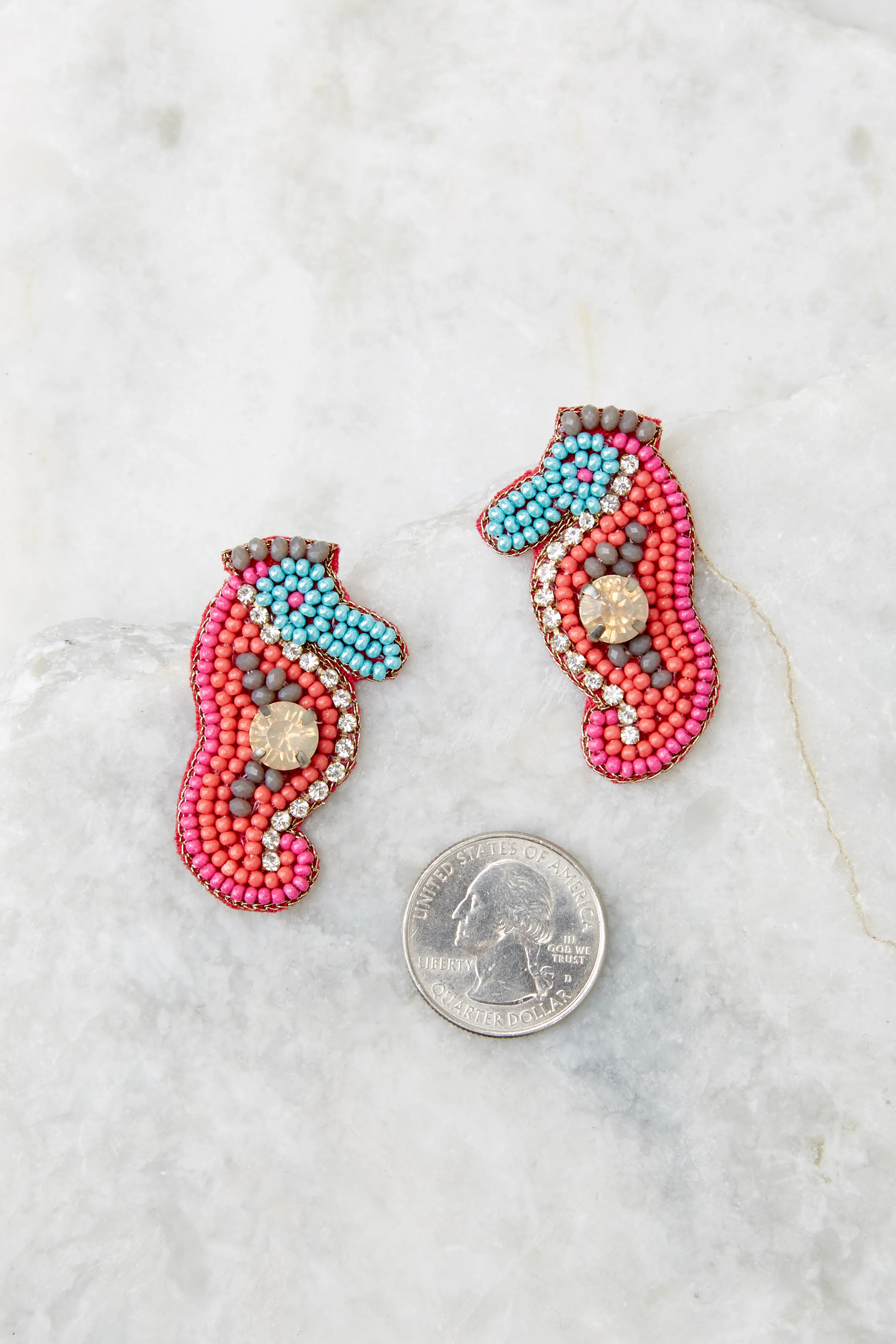 Mini Seahorse Coral Pink Multi Beaded Earrings | Red Dress 