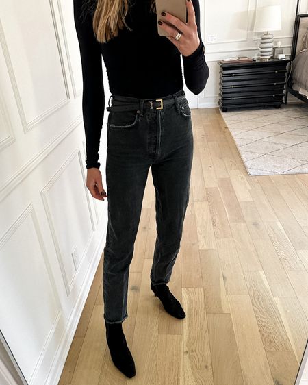 Fashion Jackson wearing black AGOLDE jeans, black bodysuit, YSL belt, black booties #fashionjackson 

#LTKunder100 #LTKstyletip #LTKshoecrush