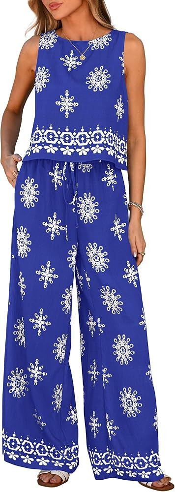 PRETTYGARDEN Women's 2026 Summer 2 Piece Lounge Sets Boho Floral Tank Tops Flowy Wide Leg Pants T... | Amazon (US)