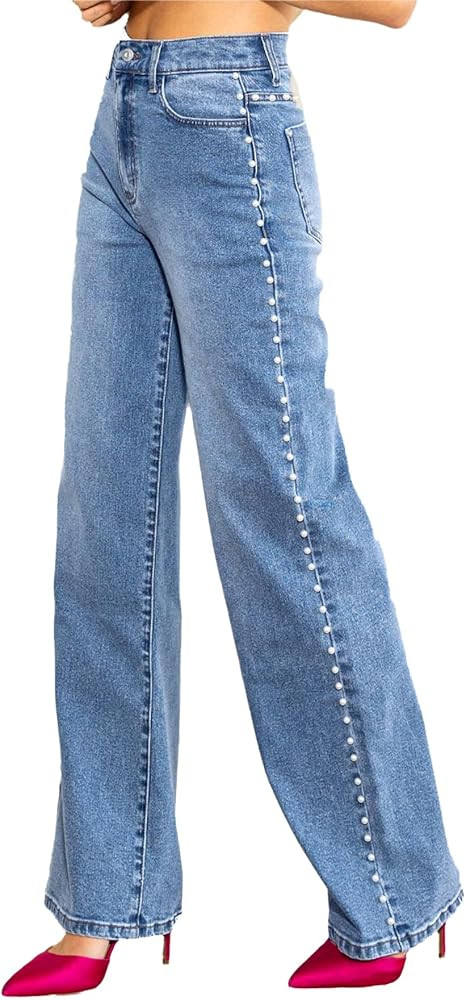Kedera Women's High Waisted Jeans Trendy Pearl Beaded Jeans Wide Leg Casual Denim Trousers Y2K Ba... | Amazon (US)