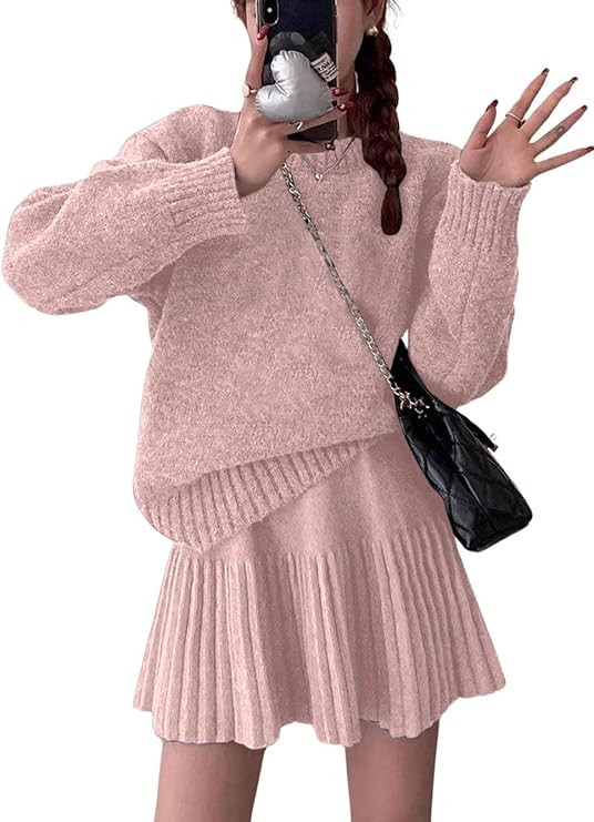 CHARTOU Women Sweater Skirt 2 Pieces Outfits Oversized Pullover Sweater and Pleated Mini Skirt | Amazon (CA)