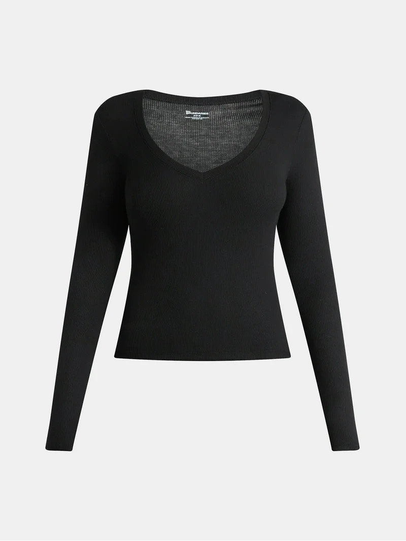 No Boundaries V-Neck Ribbed Top with Long Sleeves, Women’s | Walmart (US)