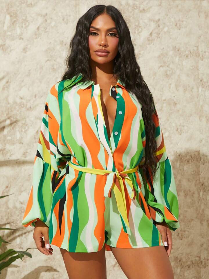 SHEIN SXY Shirt Collar Puff Sleeve Jumpsuit With Waist Belt And Oversized Hemline For Women | SHEIN