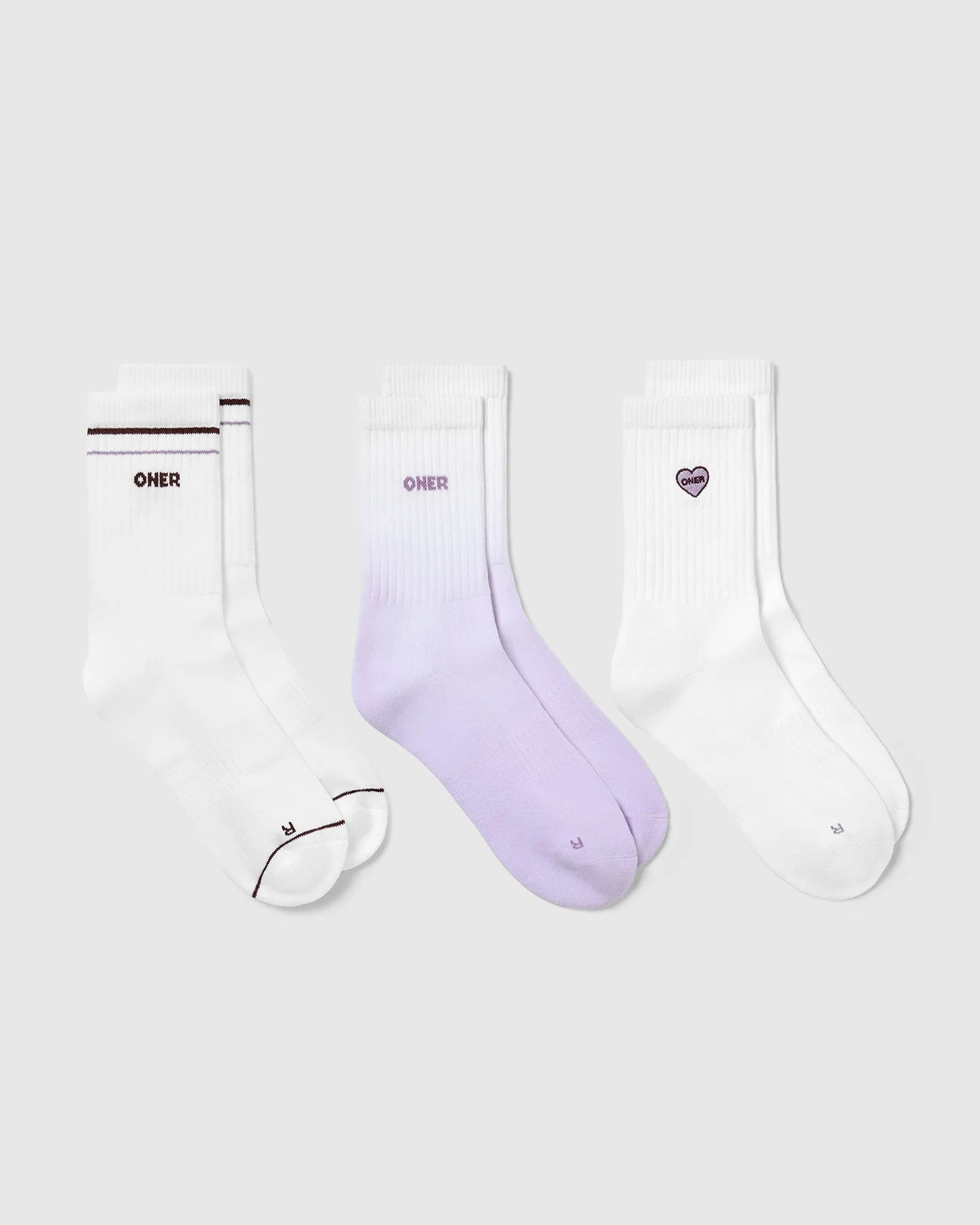 Oner Heart Crew Socks 3 Pack 
 White/Lavender | Oner Active (UK / US)