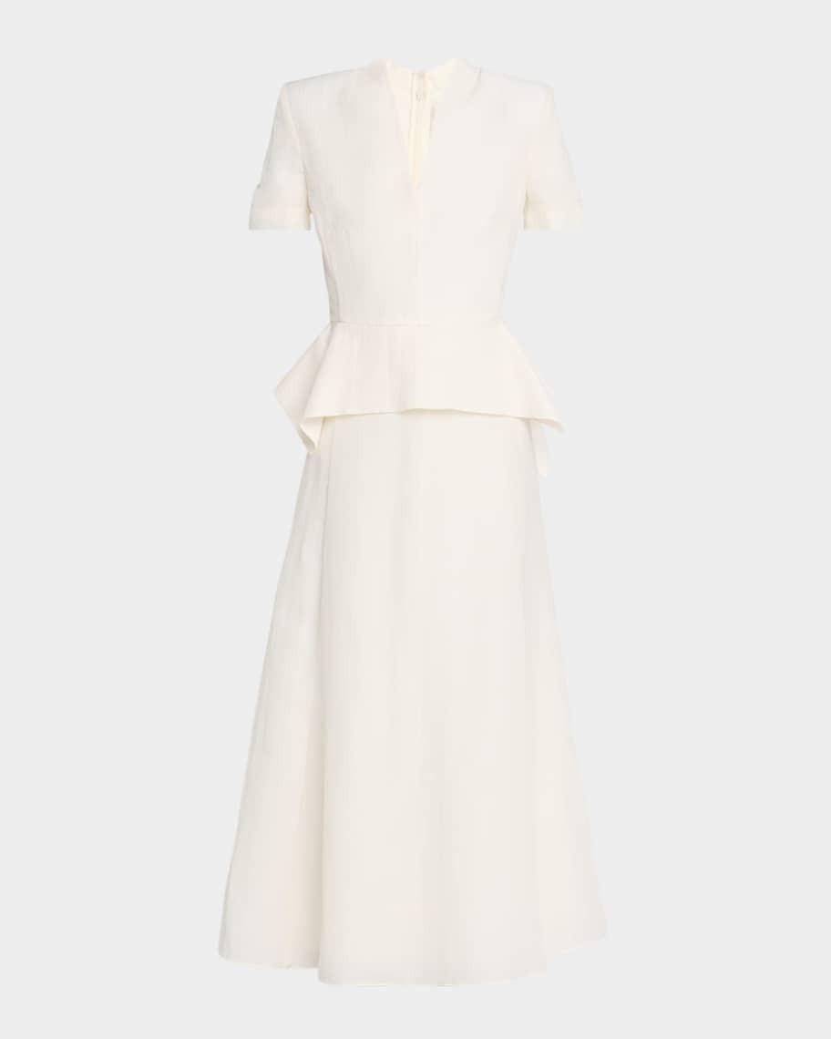 V-Neck Peplum Silk Jacquard Midi Dress | Neiman Marcus
