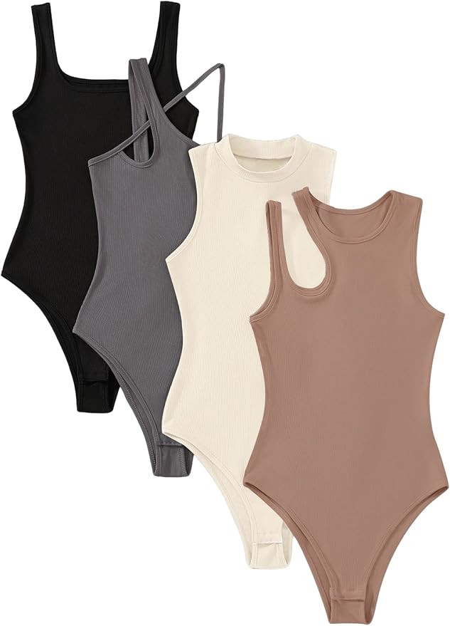 Floerns Women's 4 Pcs Asymmetrical Neck Sleeveless Rib Knit Bodysuit Top | Amazon (US)