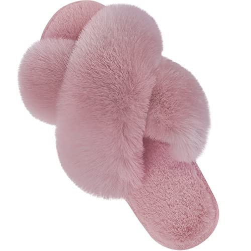 Parlovable Women's Fuzzy Slippers Comfy Cross Band House Shoes Memory Foam Open Toe Indoor Gifts for Ladies Light Pink 5-6 | Amazon (US)