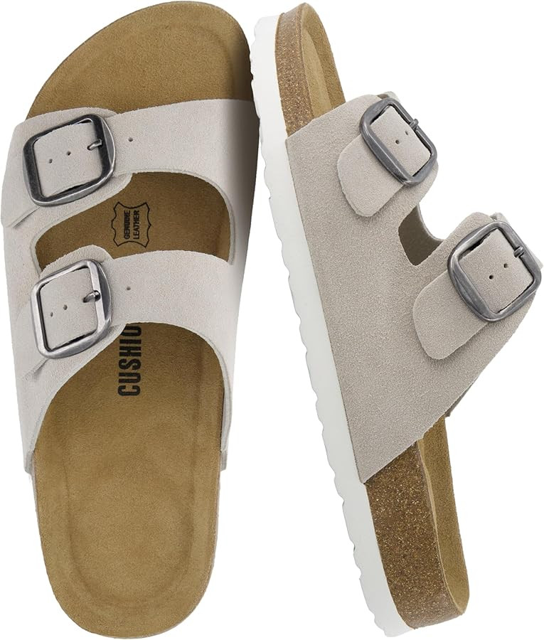 CUSHIONAIRE Logo 100% Genuine Leather Suede Slides for Women, Cushioned Cork Footbed Womens Sanda... | Amazon (US)