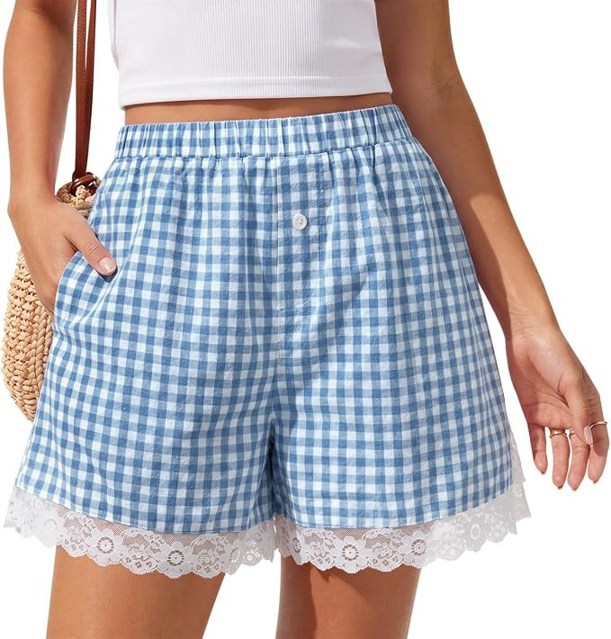 TARSE Women Gingham Shorts Lace Trim High Waisted Boxers with Pockets | Comfy Lightweight Breatha... | Amazon (US)