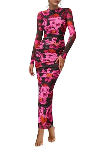 PRETTYGARDEN Womens Long Sleeve Maxi Dresses 2026 Spring Ruched Bodycon Floral Mesh Formal Weddin... | Amazon (US)