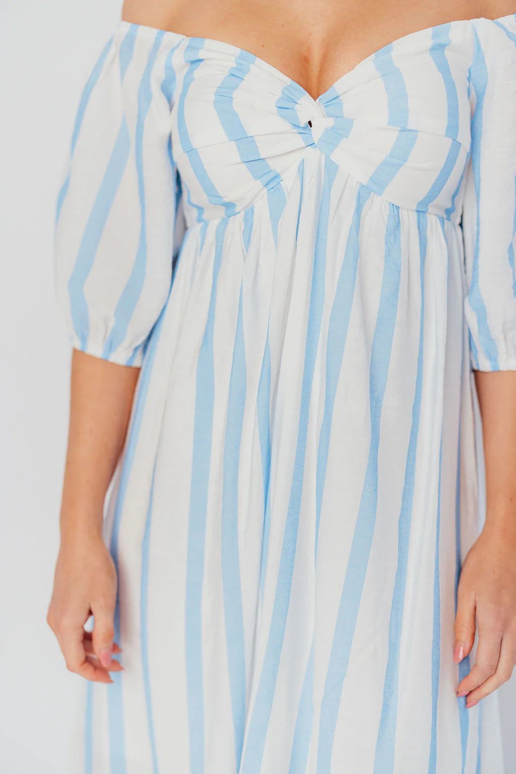 Clara Hamptons Puffed Sleeve Midi Dress with Twisted Bodice in Cloud | Worth Collective
