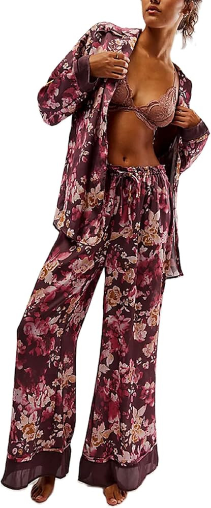 Women Soft Satin Pajamas Set Y2K Floral Long Sleeve Button Down Shirt Wide Leg Pants 2 Piece Silk... | Amazon (US)