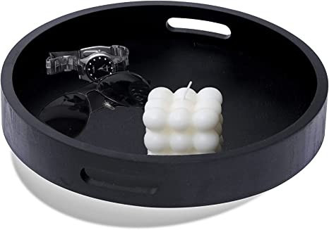 Black Round Tray Serving Tray Vanity Tray,Tea Tray Breakfast Tray Dinner Trays,Ottoman Tray,12.9x... | Amazon (US)