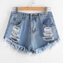 Destroyed Frayed Hem Denim Shorts | SHEIN