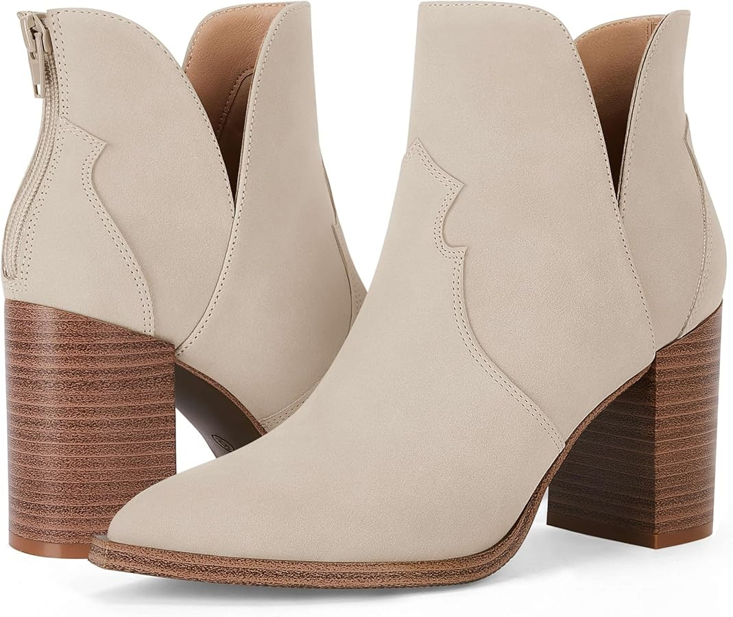 Coutgo Womens Cutout Ankle Boots Pointed Toe Chunky Heel Booties Back Zipper Slip on Western Boot... | Amazon (US)