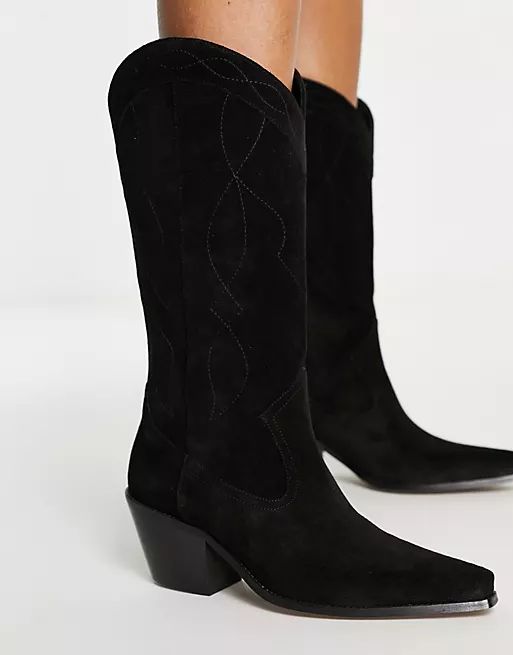 ASOS DESIGN Cactus premium suede western knee boots in black | ASOS (Global)