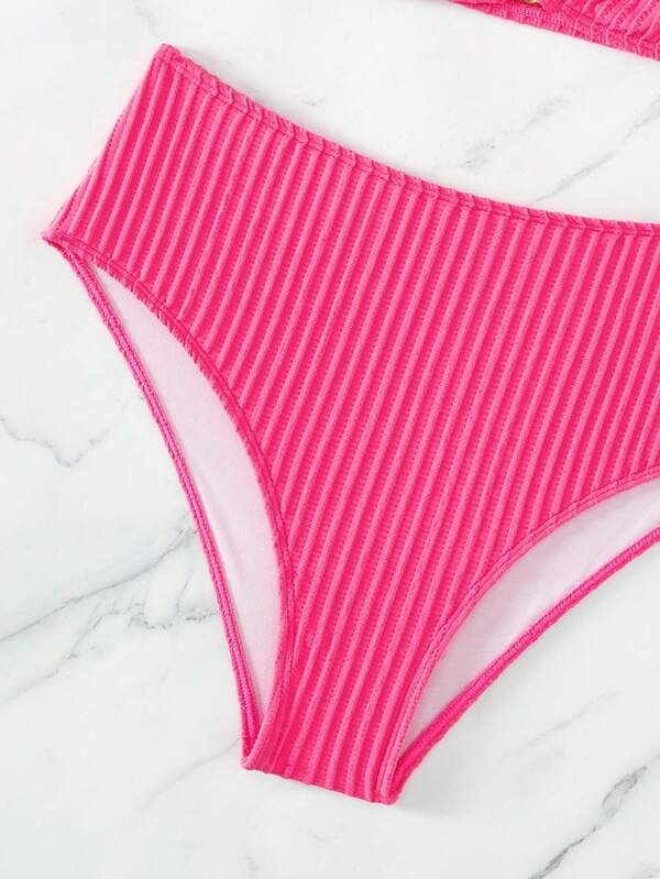 Ribbed Knit Bikini Set V-Wired Tank Bra & High Waisted Bottom 2 Piece Swimsuit | SHEIN