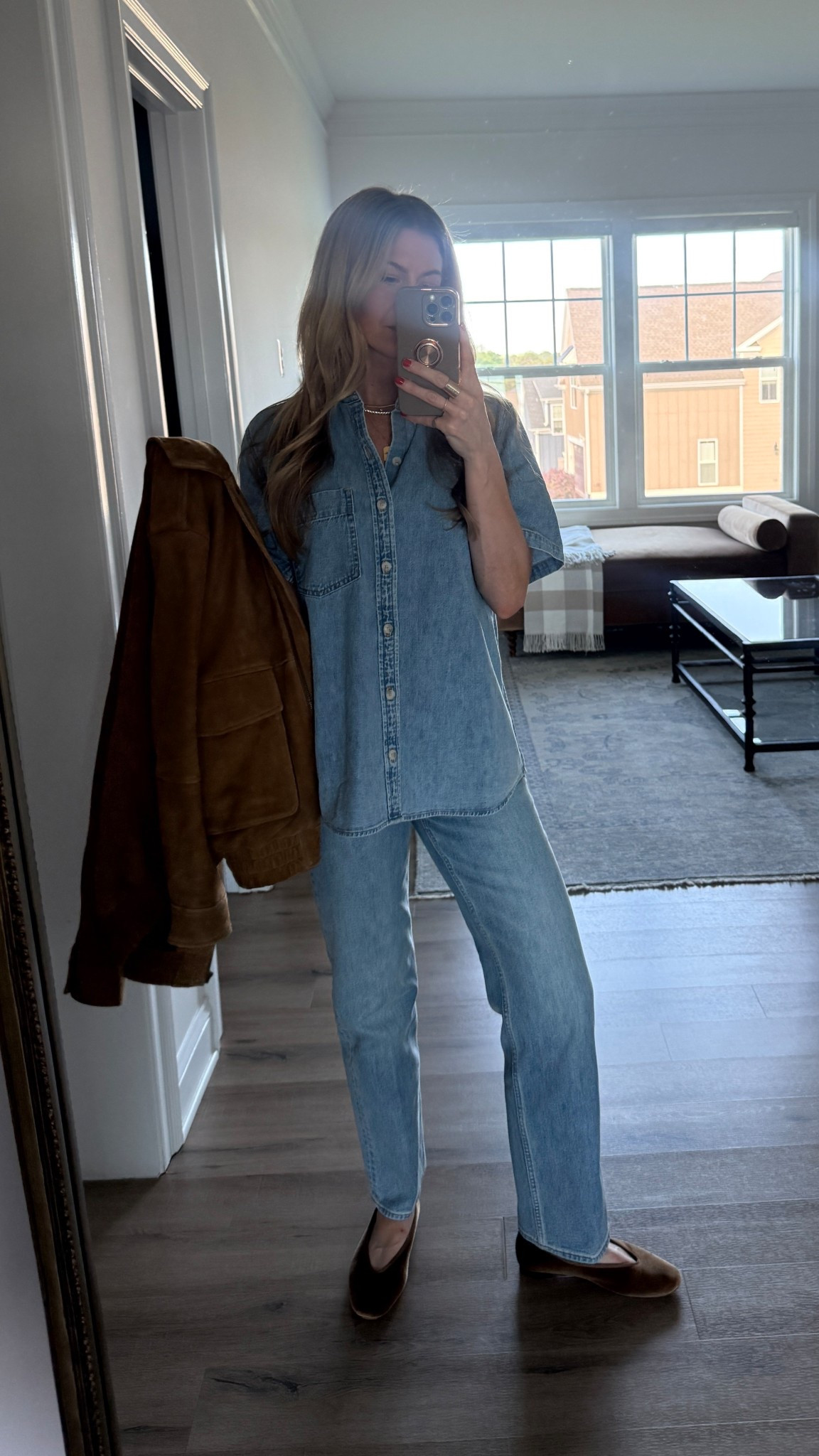 Denim on denim for a high school lacross game tonight. 

Top: runs oversized, wearing S
Pants: size up 1 size
Jacket: wearing a S
Flats: TTS


#LTKmomlife #LTKootd #LTKgrwm