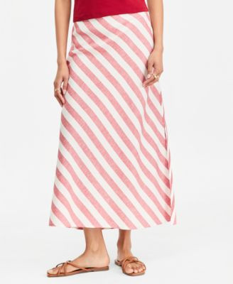 On 34th Women's Stripe Linen Blend Side Slit Skirt, Macy's Exclusive - Pompeian Red Combo | Macy's