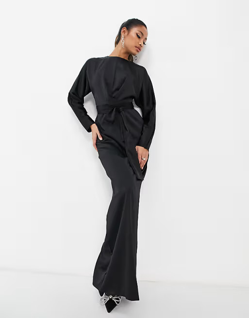 ASOS DESIGN satin maxi dress with batwing sleeve and wrap waist in black | ASOS (Global)