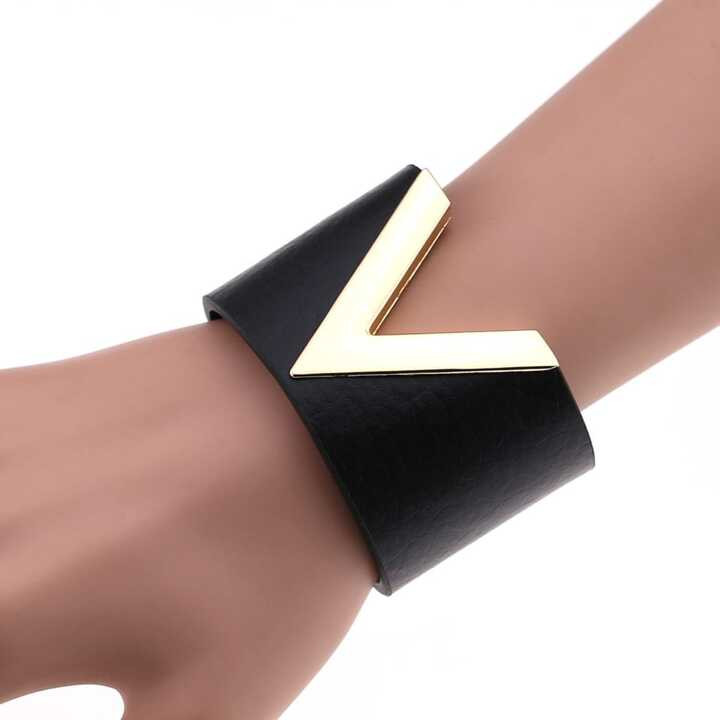Black Wide V Shape PU Leather Bracelets Cuff Punk For Women Men Metal Wristbands Cosplay Jewelry | SHEIN
