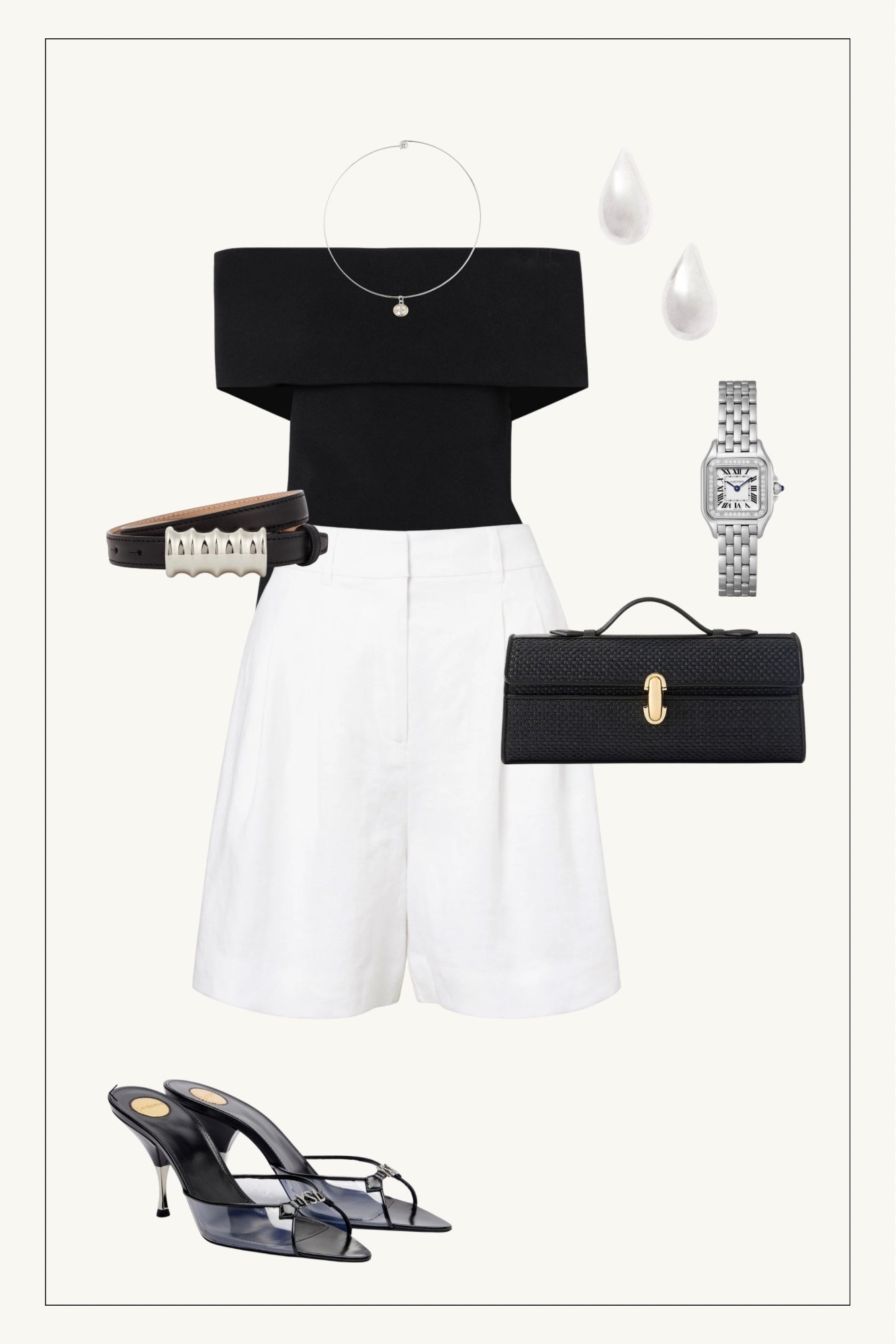 Spring outfit inspo, black and white outfit, Savette slim symmetry pochette, Khaite belt, Bottega Venetta earrings, Cartier watch, linen shorts

#LTKOver40 #LTKWorkwear #LTKootd