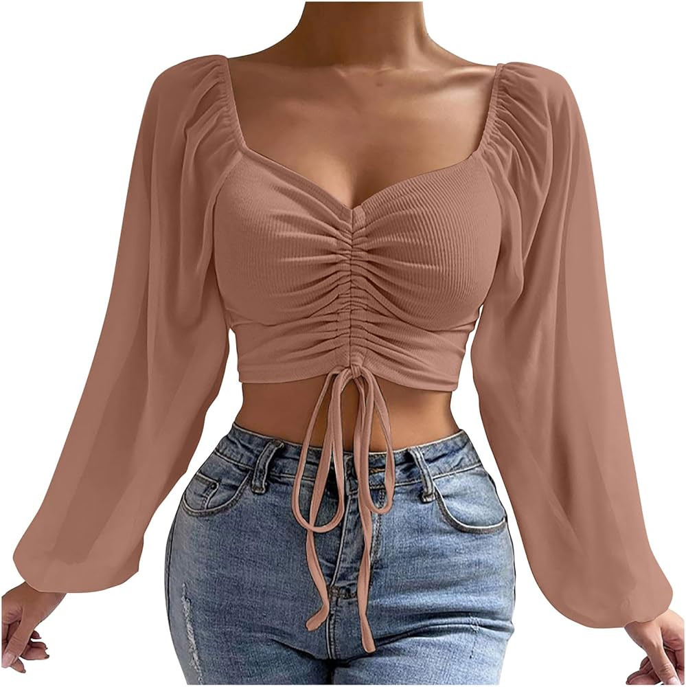 Women's Sweetheart Neck Drawstring Ruched Blouse Sheer Long Lantern Sleeve Crop Top 2024 Fall Sex... | Amazon (US)