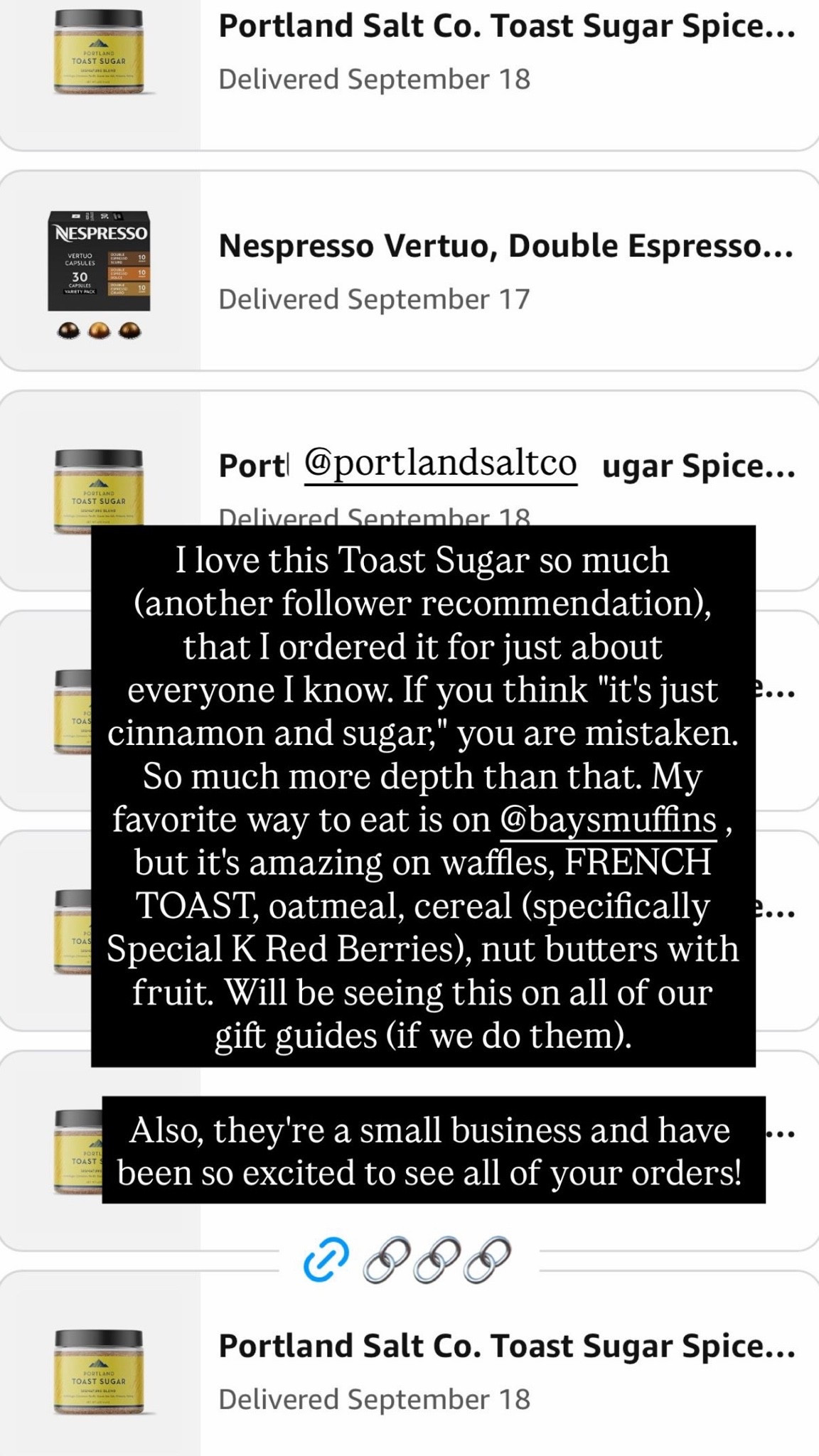 🗣️ I AM ONCE AGAIN ASKING EVERYONE TO TRY THIS TOAST SUGAR 🗣️ Portland Toast Sugar might be more than an August favorite: It may be my August (and September, and probably October) obsession.

[In my best Stefon from SNL voice] It goes with everything: toast/English muffins, lattes, oatmeal, yogurt, cake/bread/cookie/muffin mixes… the options are endless.

I WILL be gifting these to friends and family for the holidays, but you don’t have to wait til then — it’s perfect for cozy season. And the best part? You’re supporting a small business!

#LTKfoodie