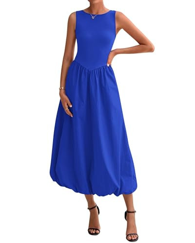BTFBM Women's 2026 Summer Casual Sleeveless Midi Dress Patchwork Knit Tank Bubble Long Flowy Beach Maxi Sundress Pockets(Blue, XX-Large) | Amazon (US)