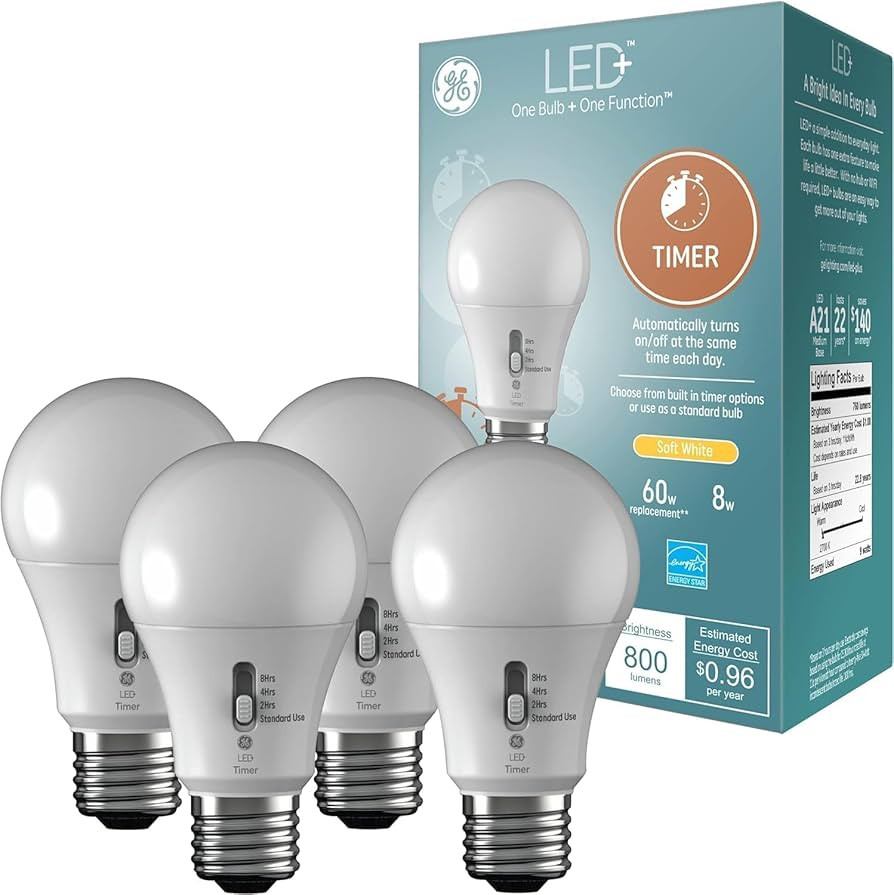 GE LED+ Timer A19 LED Light Bulbs, Built-in Automatic Indoor Timer Light, 8W, Soft White (4 Pack) | Amazon (US)