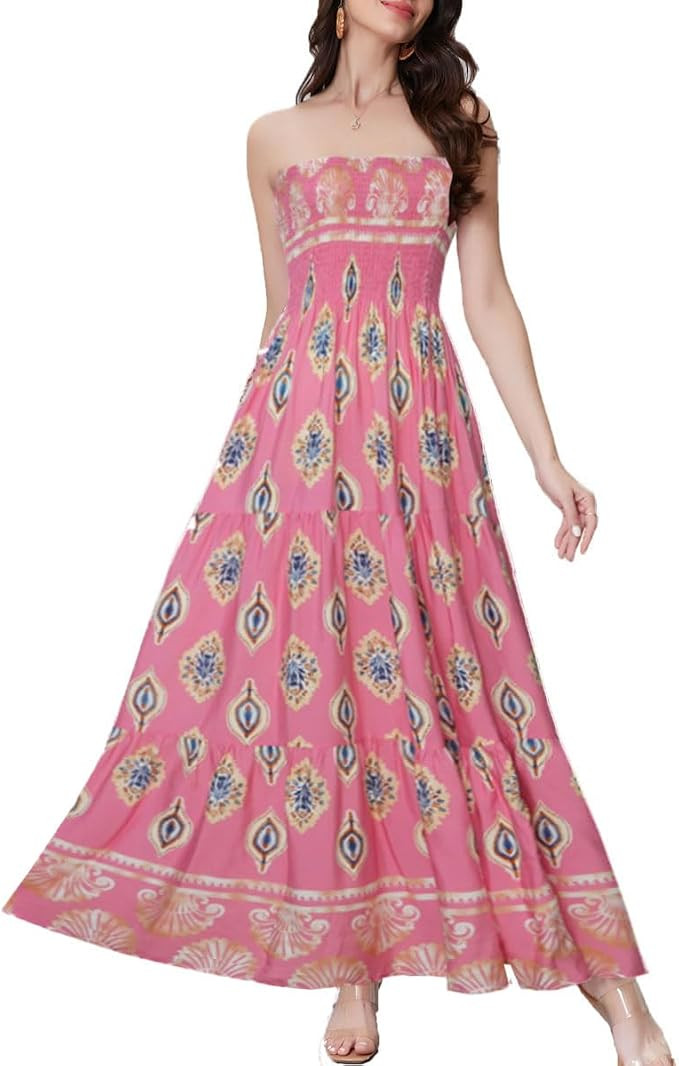 Women's Summer Strapless Tube Top Maxi Dresses Off Shoulder Boho Beach Long Dress | Amazon (US)