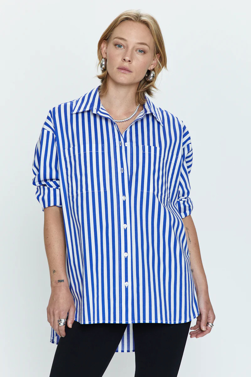 Rena Button Down Tunic Shirt - Cobalt Stripe | Pistola Denim