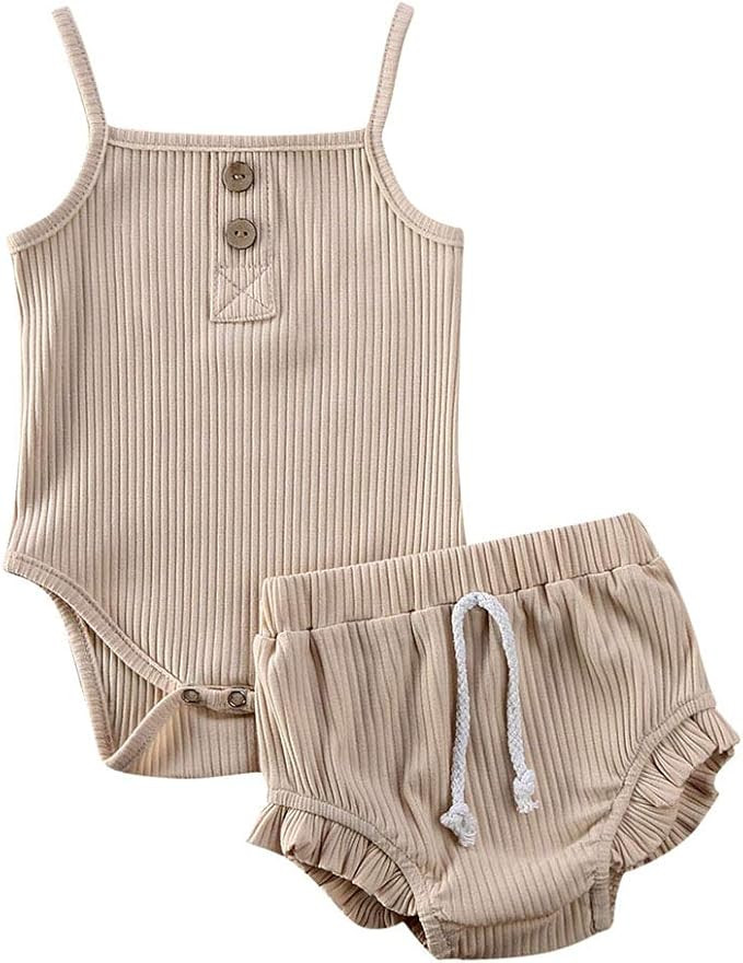 3Pcs Toddler Baby Girl Knitted Outfit Set Solid Color Halter Strap Button Ruffle Tops+Drawstring ... | Amazon (US)