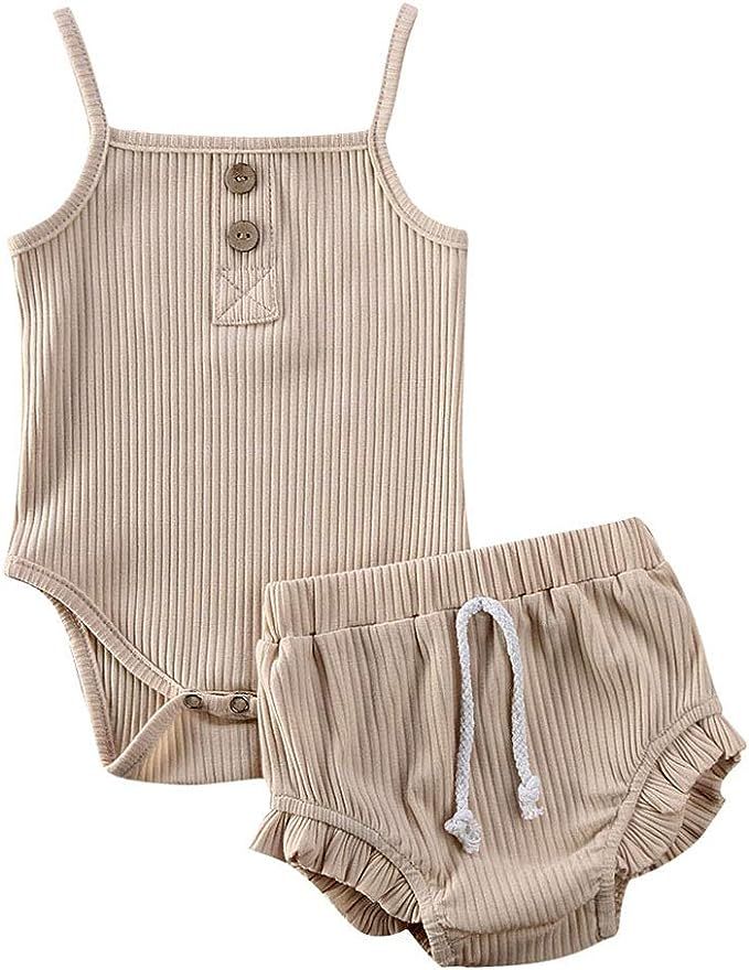 3Pcs Toddler Baby Girl Knitted Outfit Set Solid Color Halter Strap Button Ruffle Tops+Drawstring ... | Amazon (US)