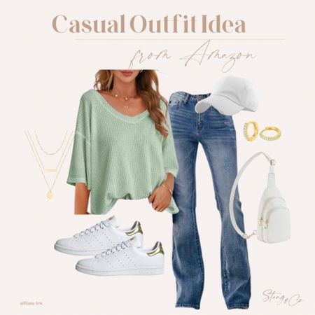 This casual outfit inspiration pairs a mint  v neck top with jeans, a white baseball hat, white adidas sneakers, a white sling bag, gold huggie hoop earrings and a gold layered necklace. 

Ootd, casual outfit, spring outfit, tall friendly jeans, Amazon fashion 

#LTKshoecrush #LTKfindsunder50 #LTKstyletip