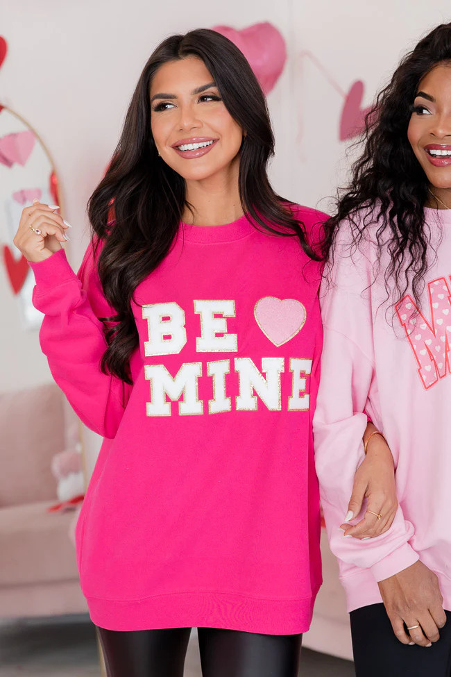 Be Mine Chenille Patch Hot Pink Oversized Graphic Sweatshirt | Pink Lily
