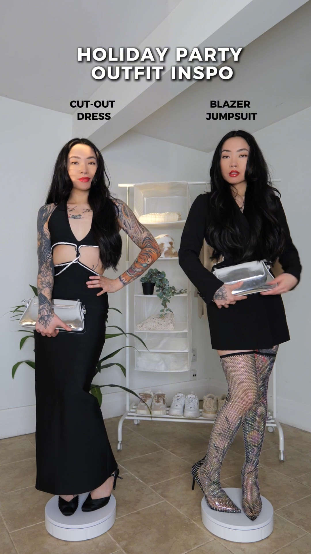 Left:
Dress: Bella Barnett
Purse: ROMWE
Shoes: Naturalizer

Right:
Blazer jumpsuit: Dynamite
Boots: SHEIN
Purse: ROMWE

#LTKShoeCrush #LTKParties #LTKHoliday