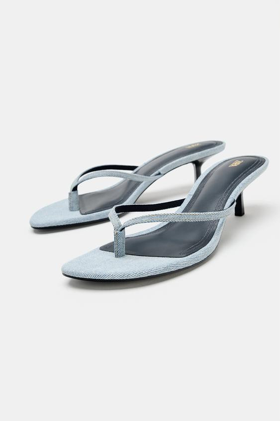 Zara - Denim Kitten Heel Sandals - Blue-Green - 5 - Woman | Zara US
