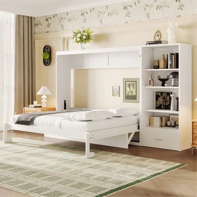 Queen Size Murphy Bed With Height Adjustable Storage Compartments And Shelf, Wall Bed Frame With 1 Drawer, Multifunctional Foldable Platform Bed For S | Wayfair North America